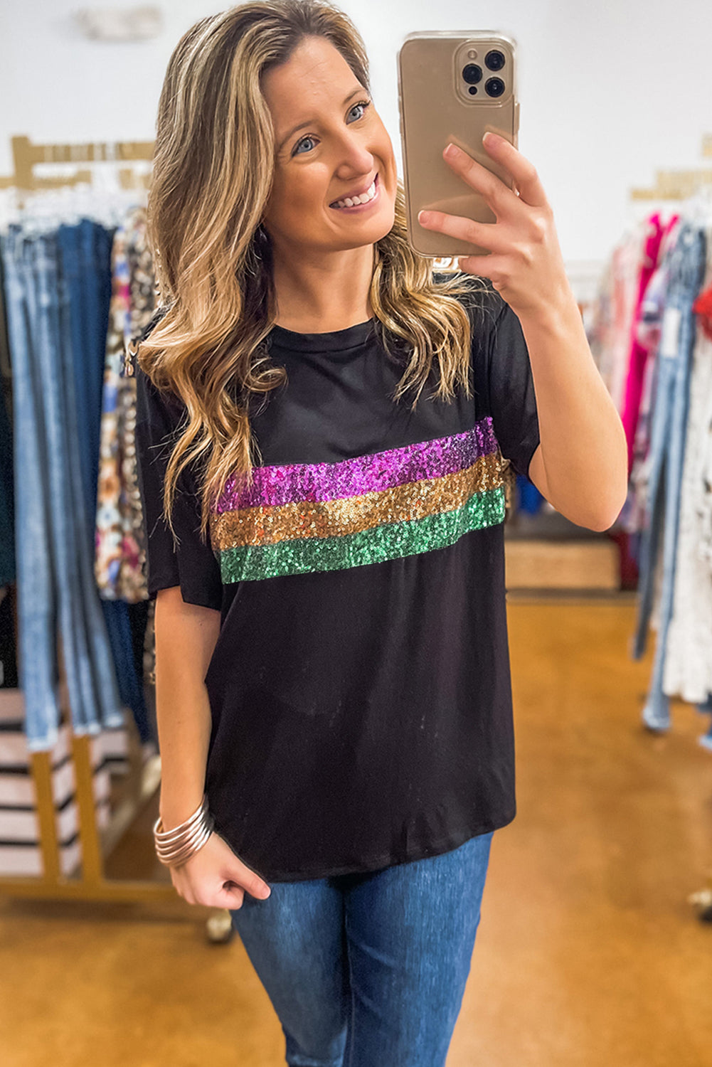 White Sequin Stripes Patchwork Mardi Gras Crew Neck T Shirt