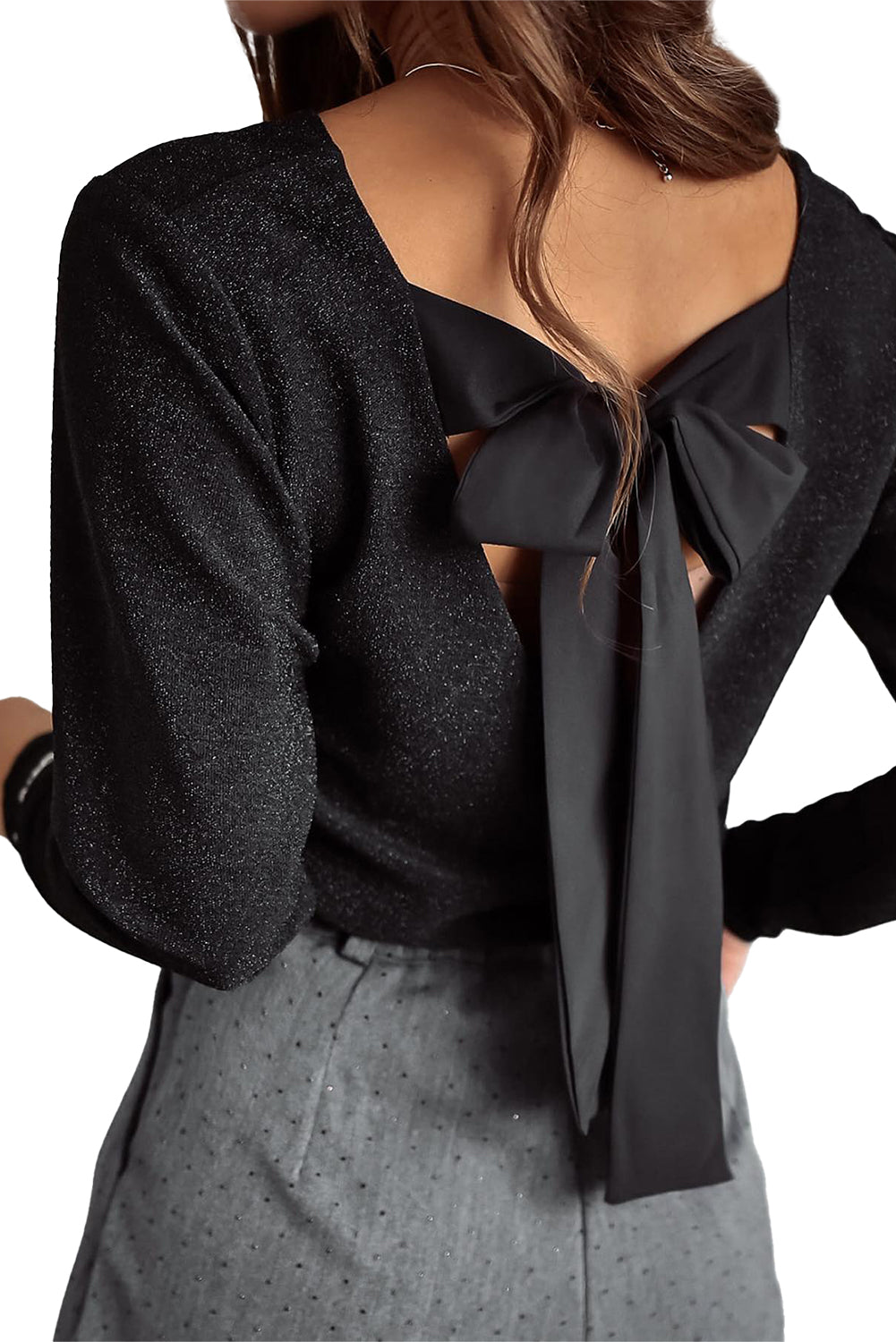 Metallic Bowknot Open Back V Neck Top