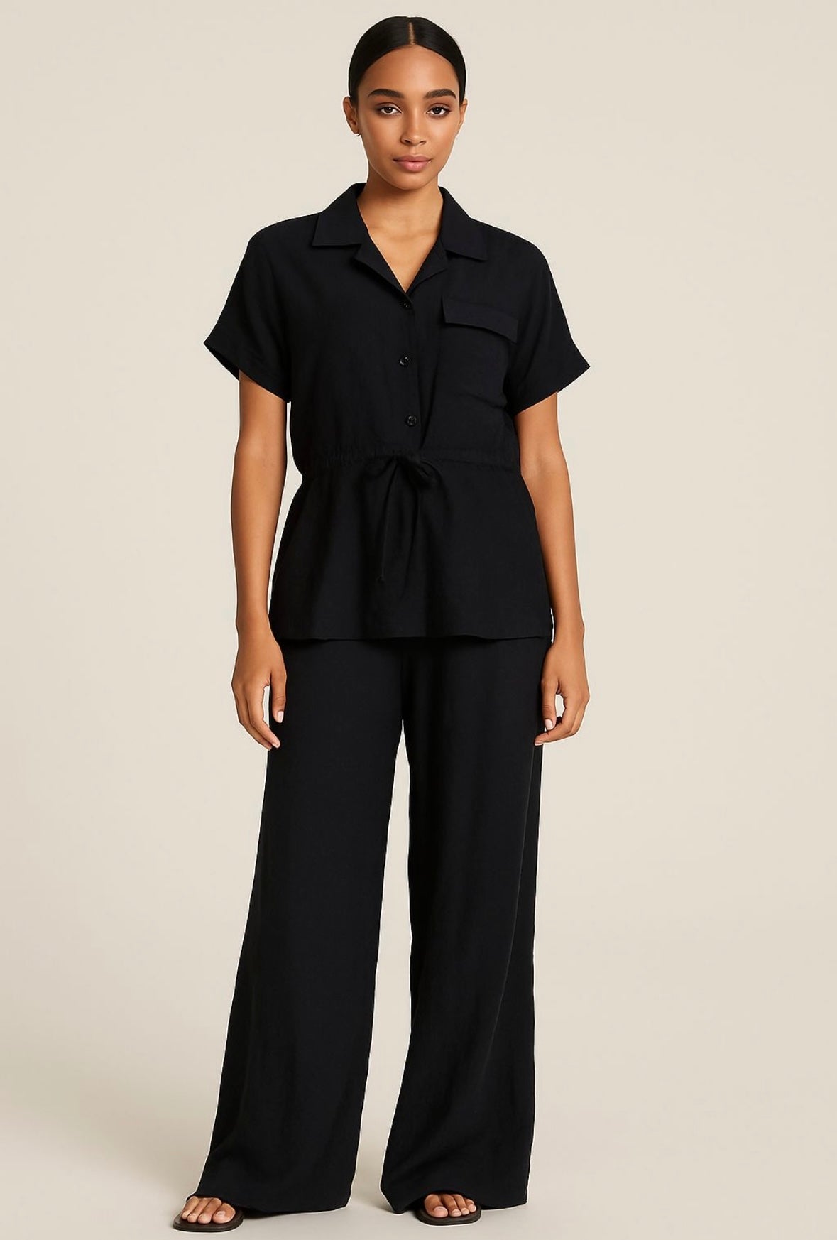 Tie Waist Top And Flared Trousers Co-ord Set