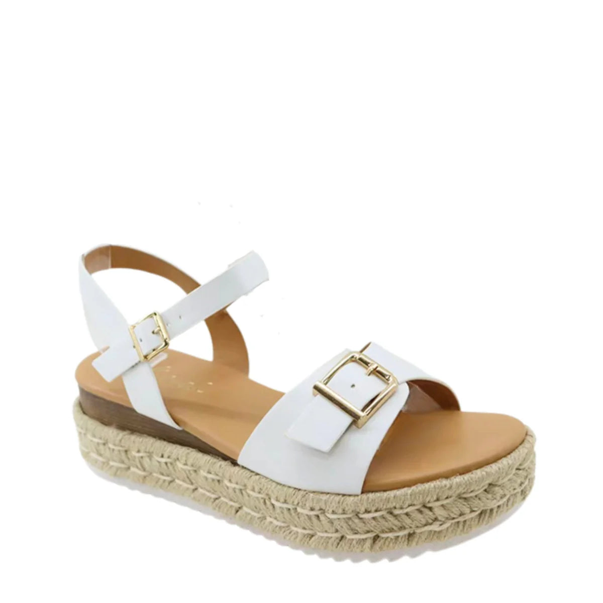 Ladies White Wide Fit Buckle Trim Flatform