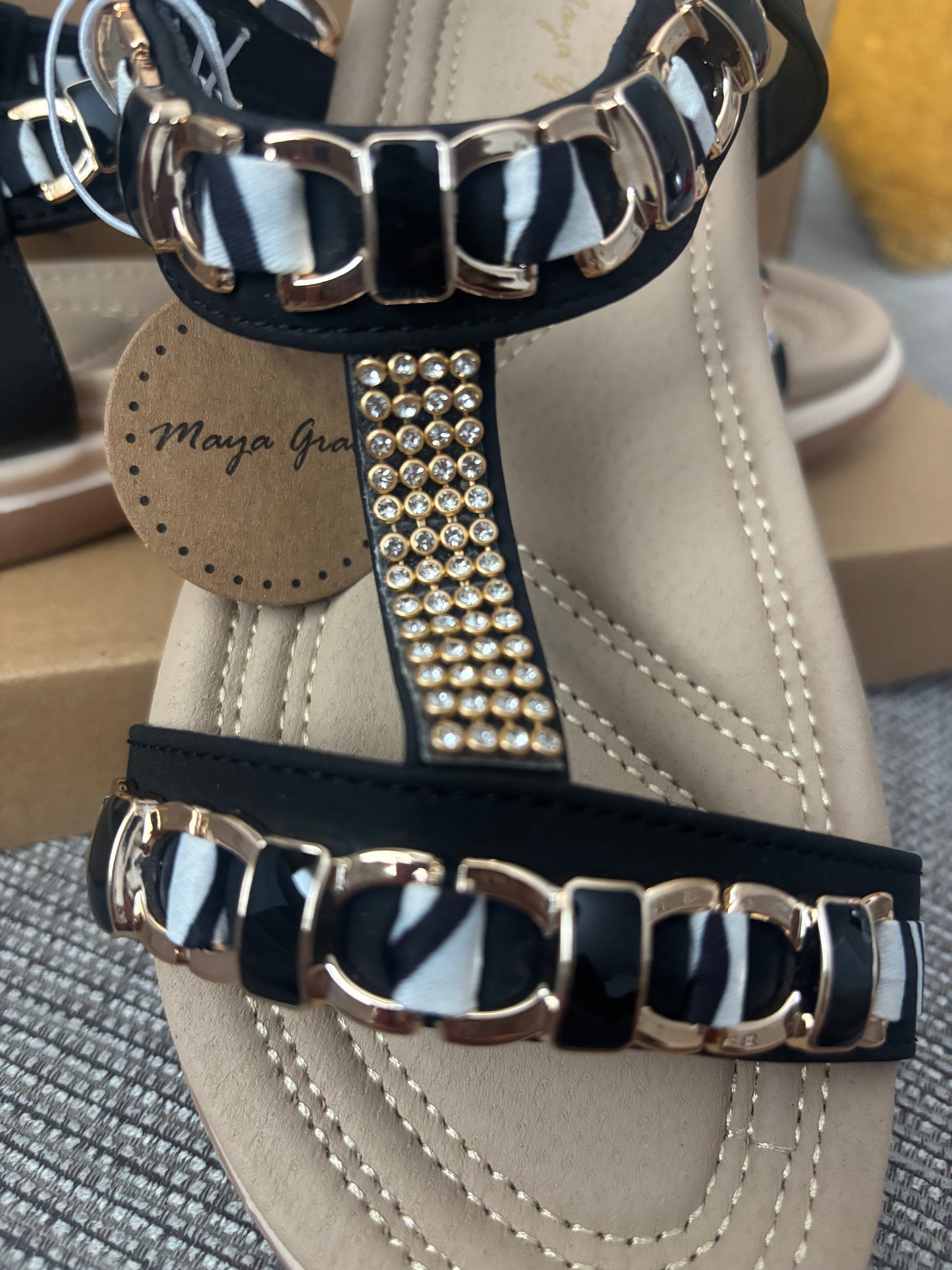 Black Diamante and Chain Detail Elasticated Back Flat Sandal