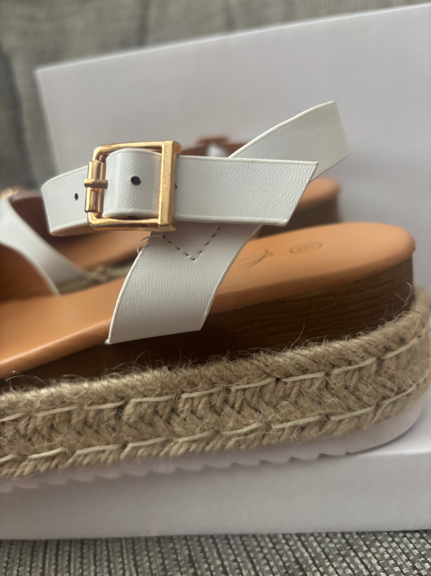 Ladies White Wide Fit Buckle Trim Flatform