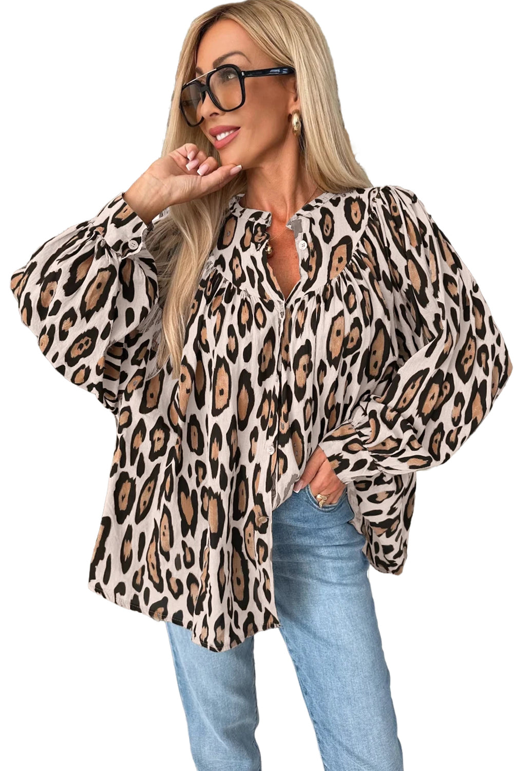 Oversized Leopard Print Balloon Sleeve Casual Shirt