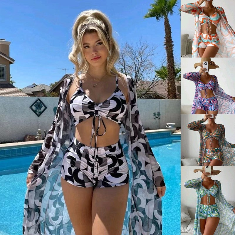3pcs Bikini With Long Sleeve Coverup