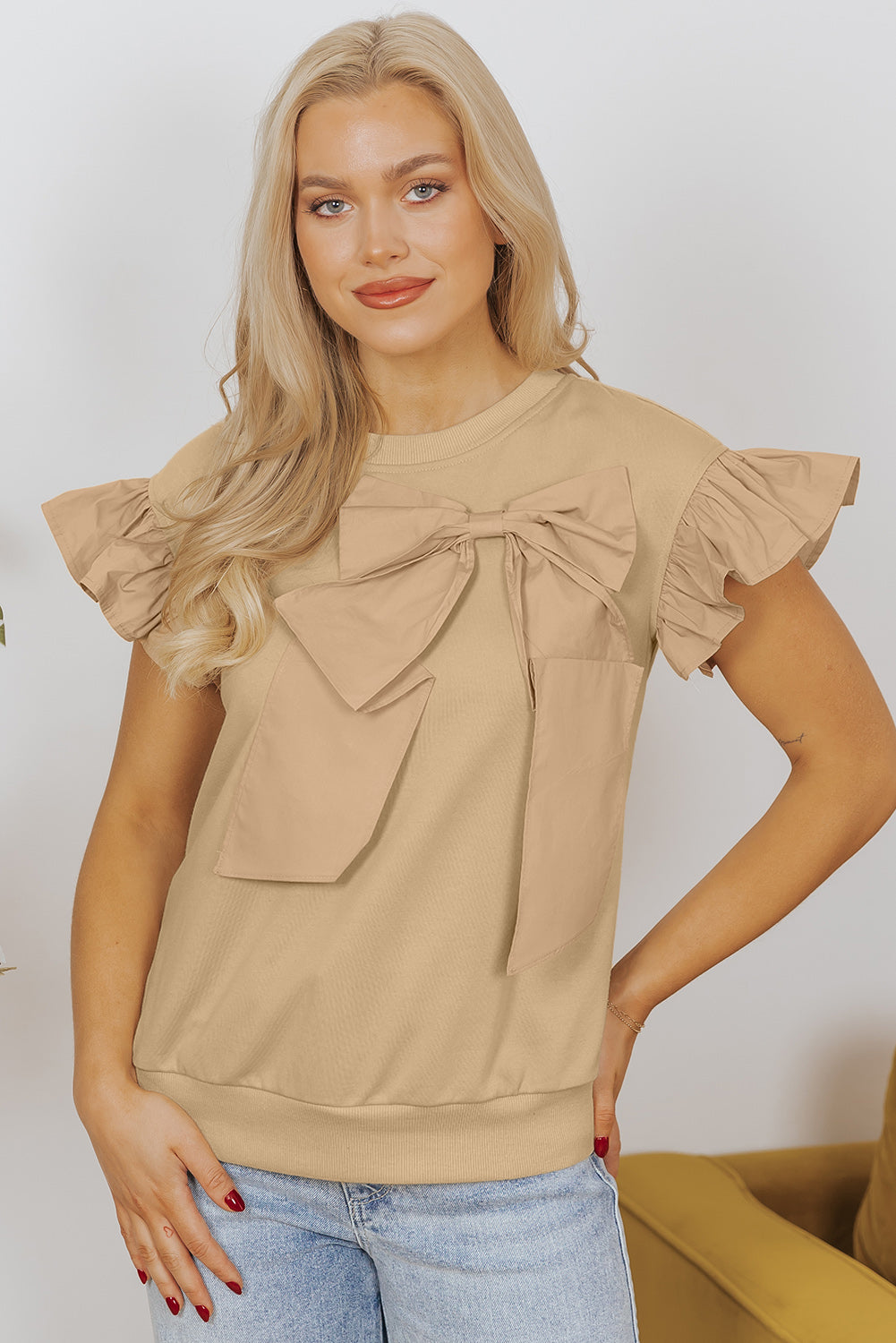 Parchment Ribbon Bow Ruffle Sleeve Top