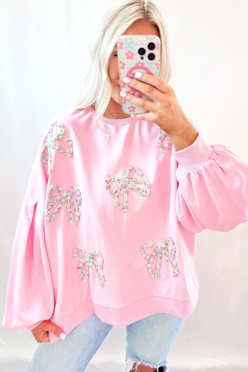 Parchment Embroidered Bow Lantern Sleeve Oversized Pullover Sweatshirt
