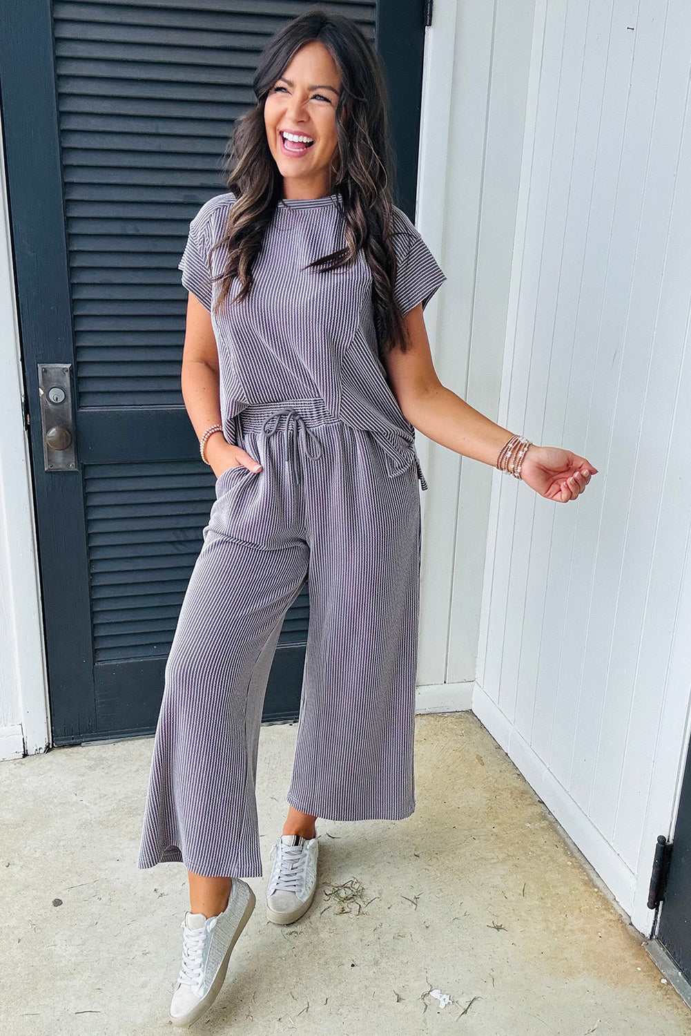 Solid Corded Knit Short Sleeve T Shirt and Wide Leg Pants Set