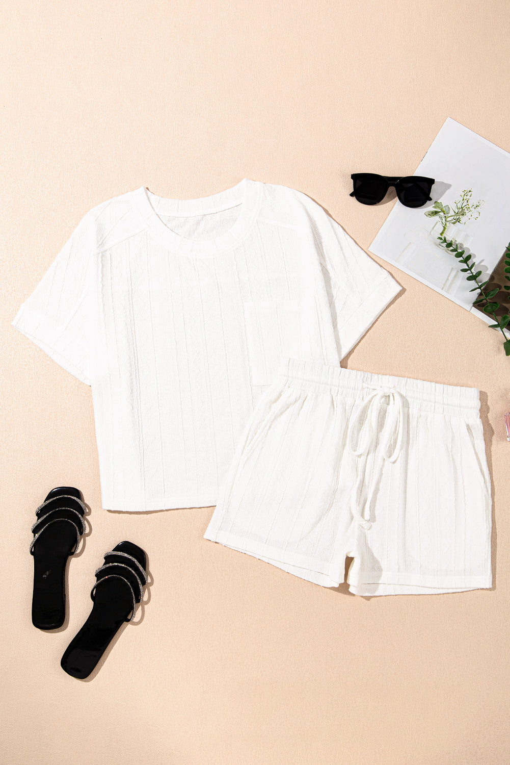 Textured Patched Pocket Short Sleeve Top Drawstring Shorts Set
