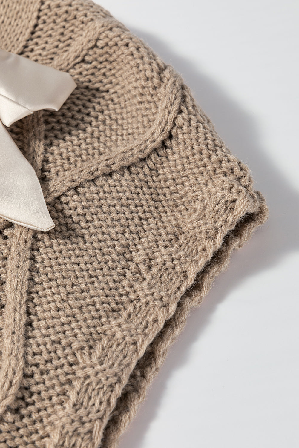 Cable Knit Colorblock Satin Bowknot Short Sleeve Sweater