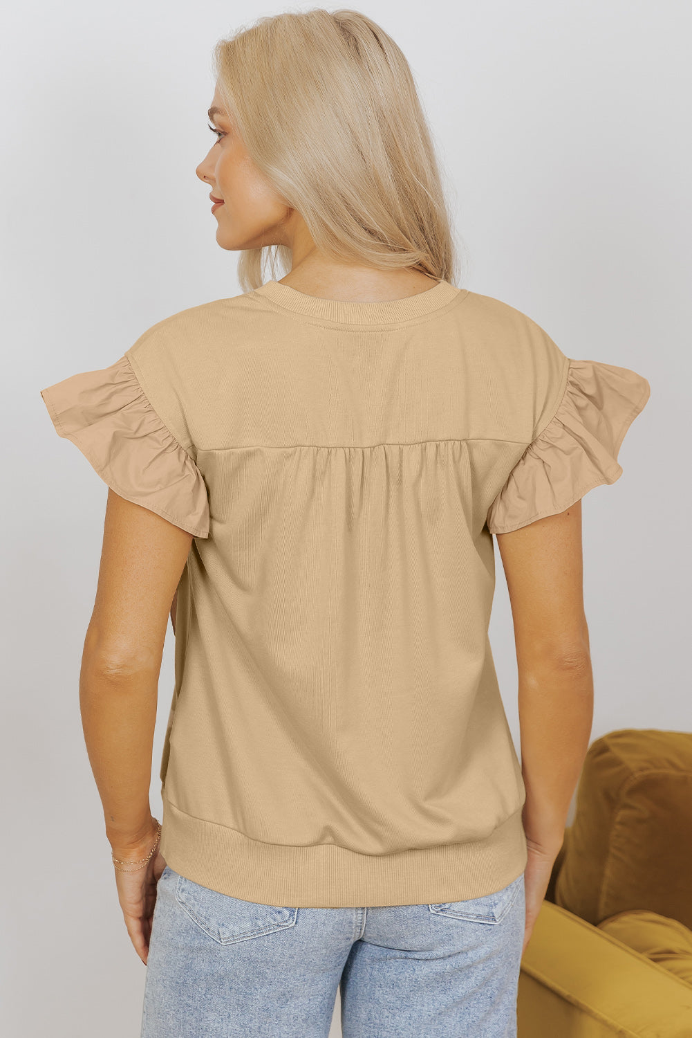 Parchment Ribbon Bow Ruffle Sleeve Top