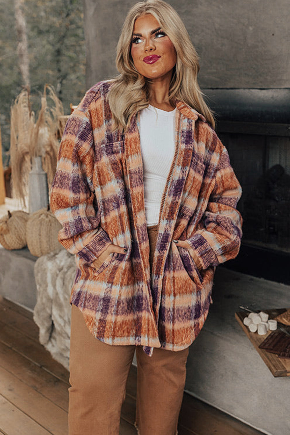 Plaid Print Collared Button up Jacket