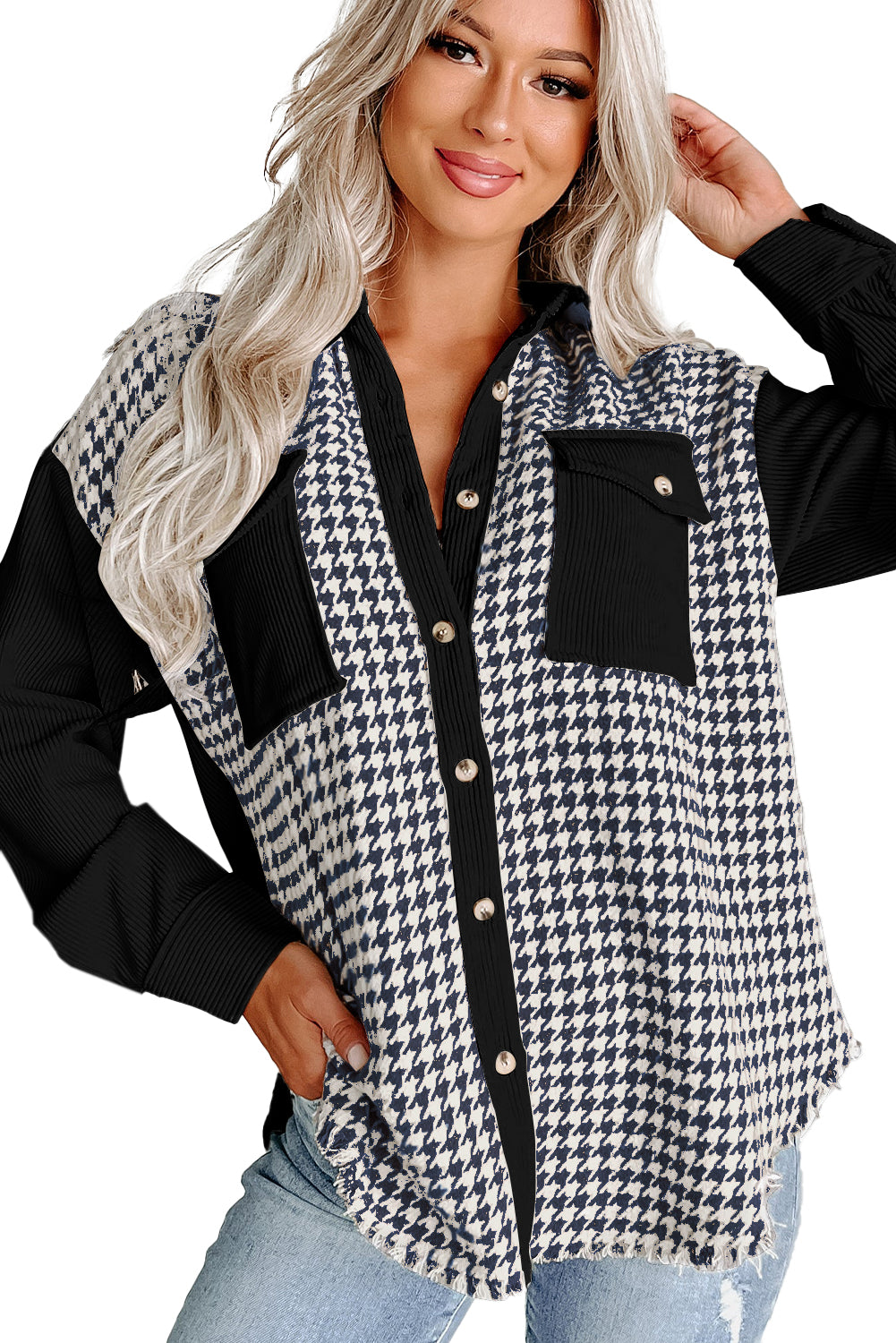 Houndstooth Corduroy Patchwork Flap Pocket Shacket