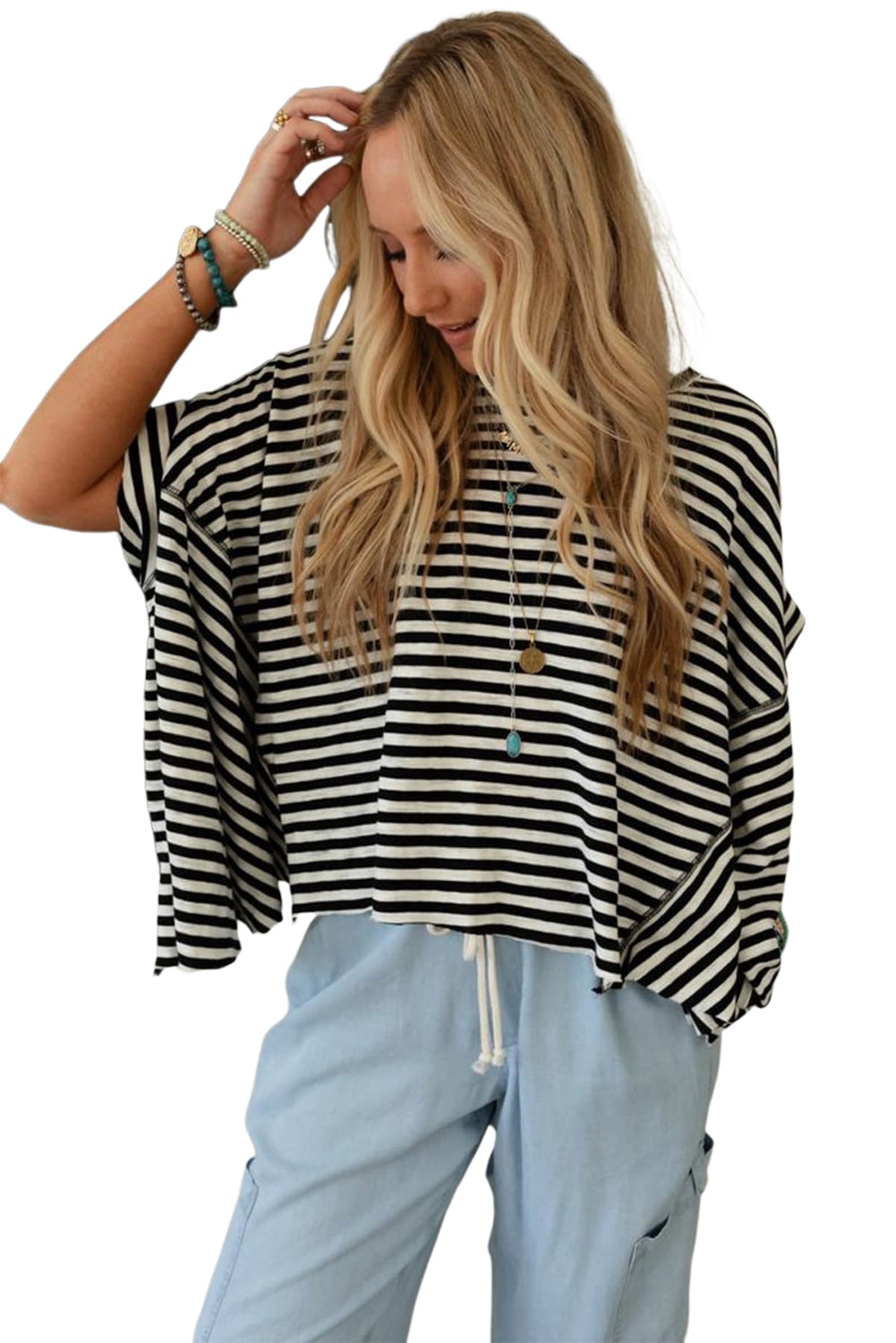 Stripe Batwing Sleeve Crewneck Oversized Top