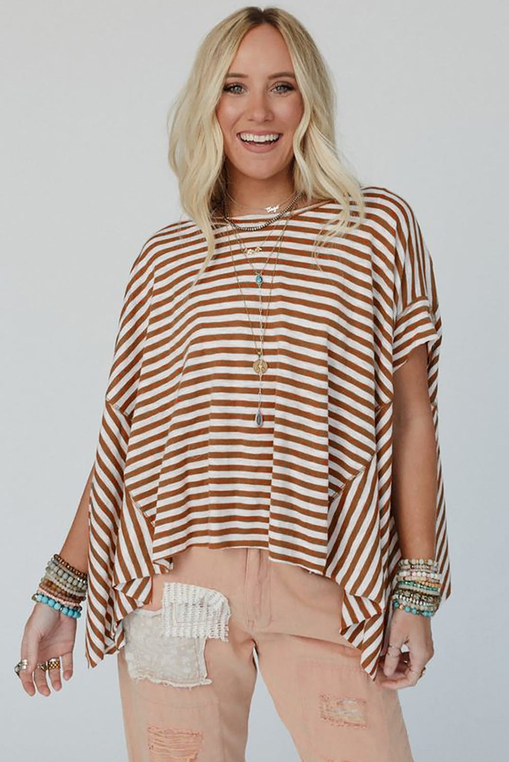 Stripe Batwing Sleeve Crewneck Oversized Top