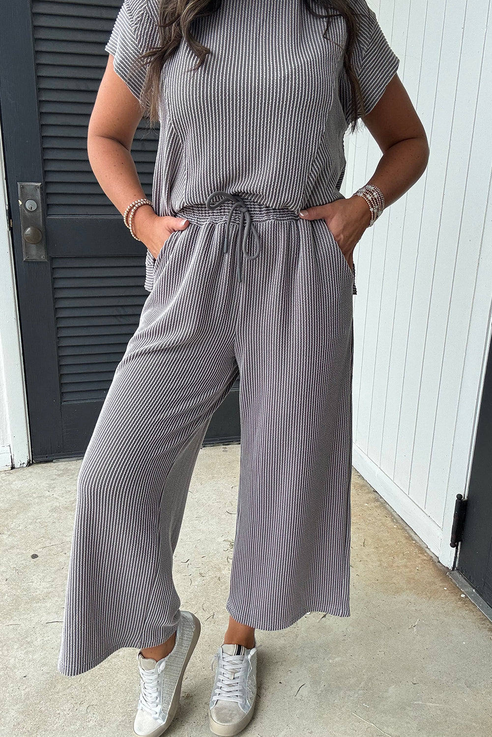 Solid Corded Knit Short Sleeve T Shirt and Wide Leg Pants Set