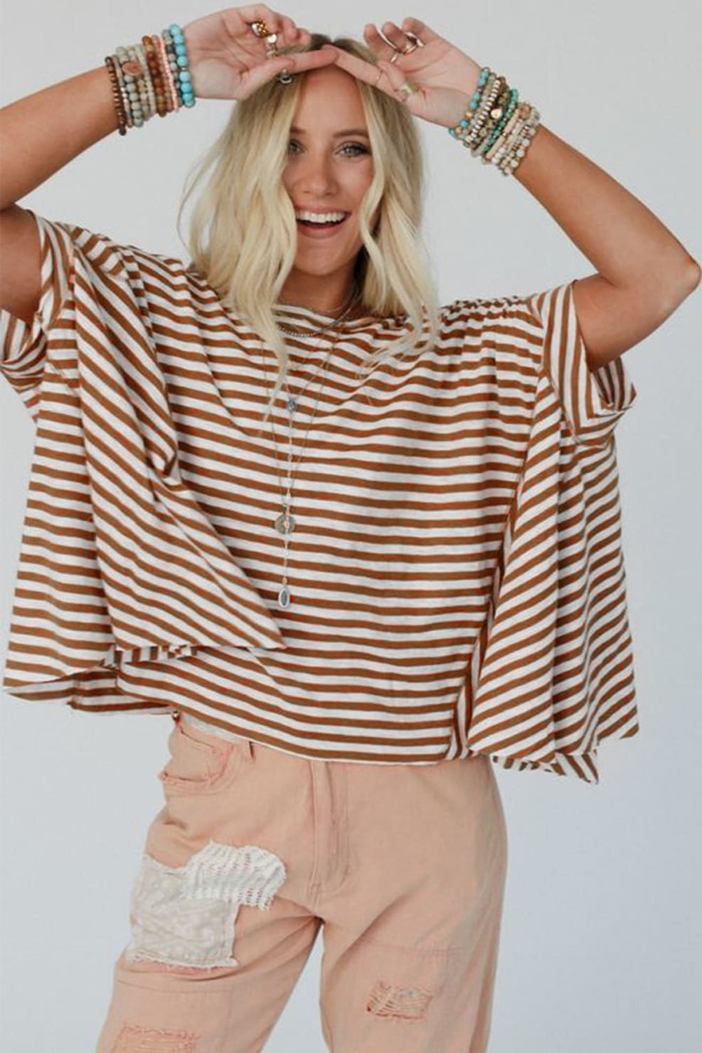 Stripe Batwing Sleeve Crewneck Oversized Top