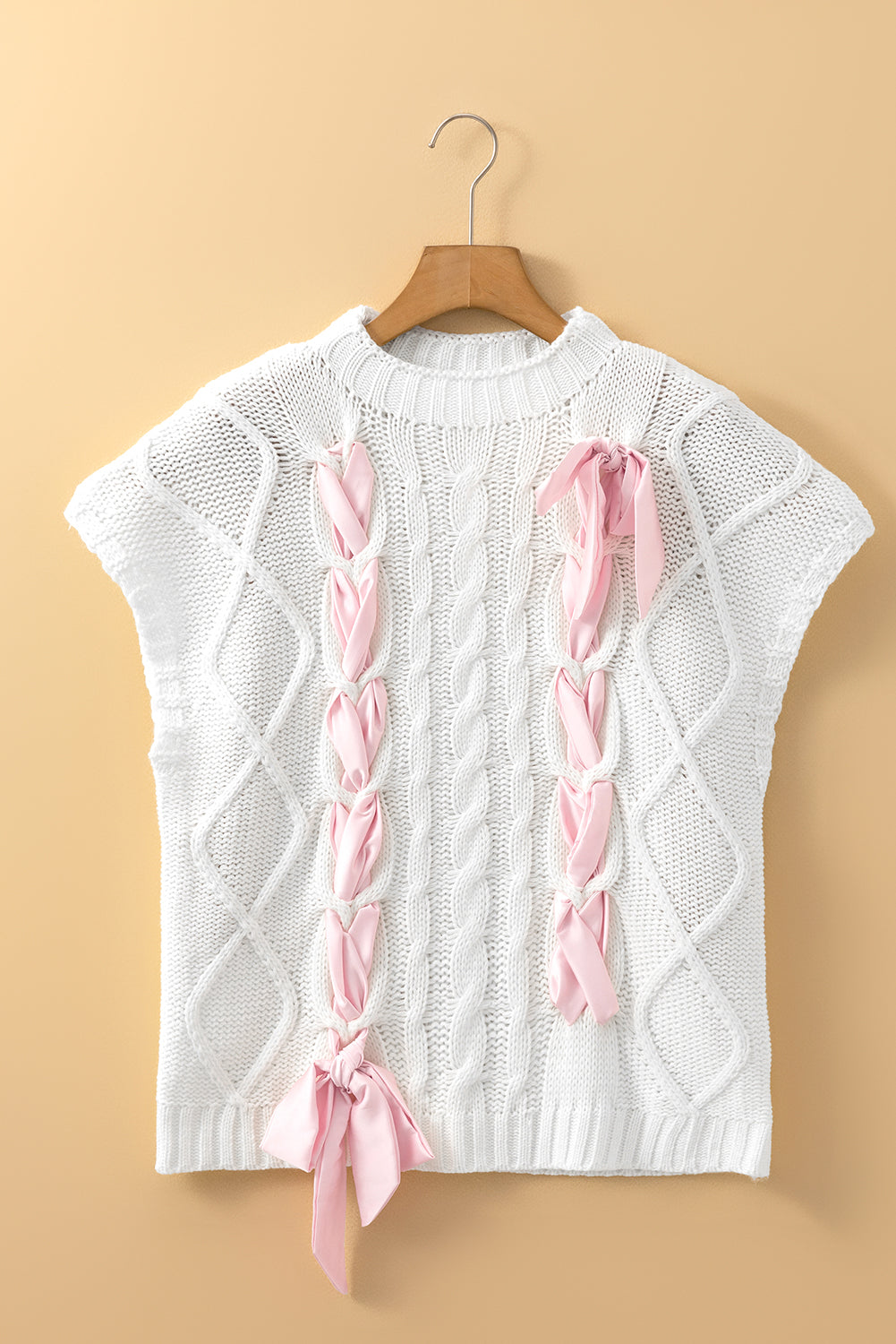 Cable Knit Colorblock Satin Bowknot Short Sleeve Sweater