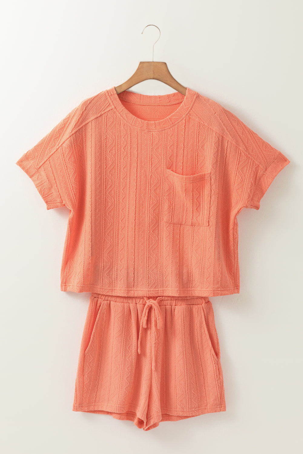Textured Patched Pocket Short Sleeve Top Drawstring Shorts Set