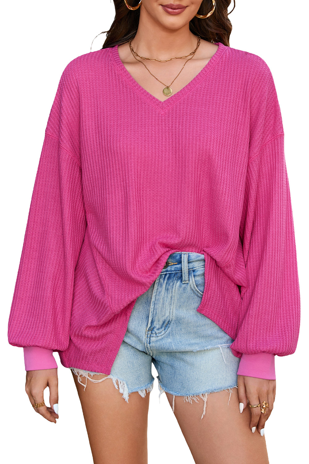 Blackish Green Waffle V Neck Long Sleeve Drop Shoulder Loose Blouse