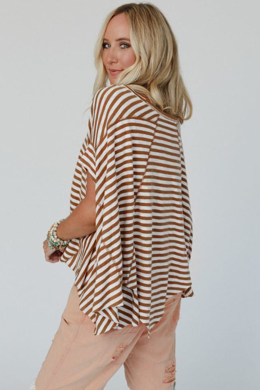 Stripe Batwing Sleeve Crewneck Oversized Top