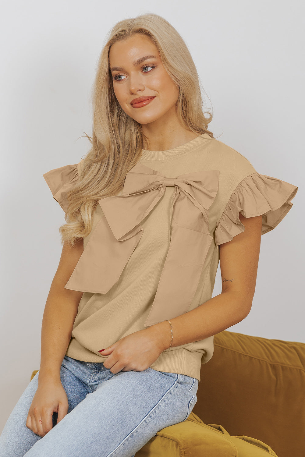 Parchment Ribbon Bow Ruffle Sleeve Top