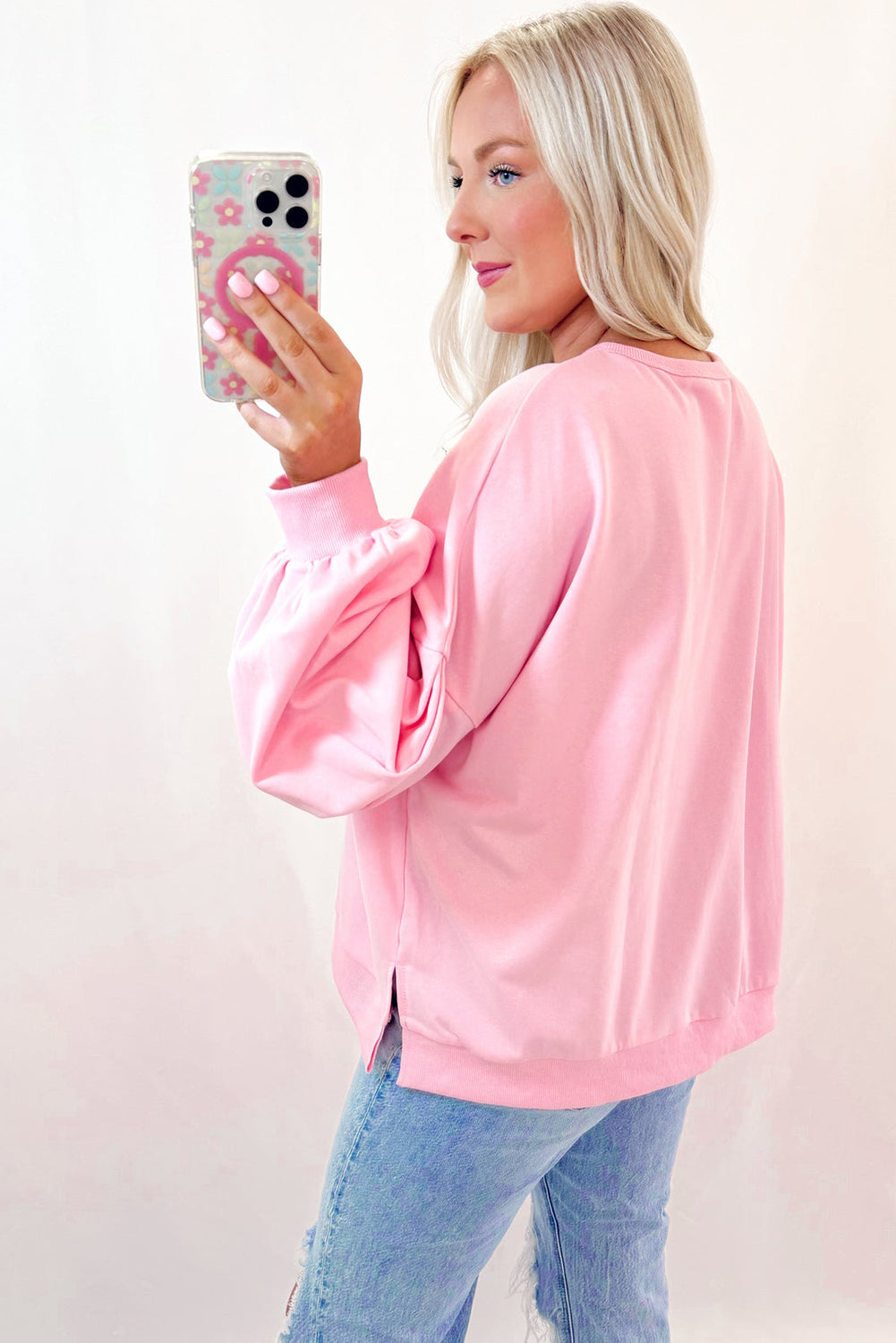 Parchment Embroidered Bow Lantern Sleeve Oversized Pullover Sweatshirt