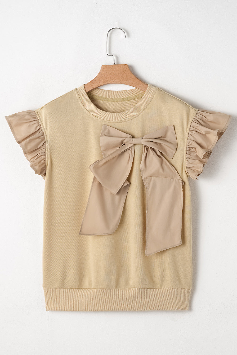 Parchment Ribbon Bow Ruffle Sleeve Top
