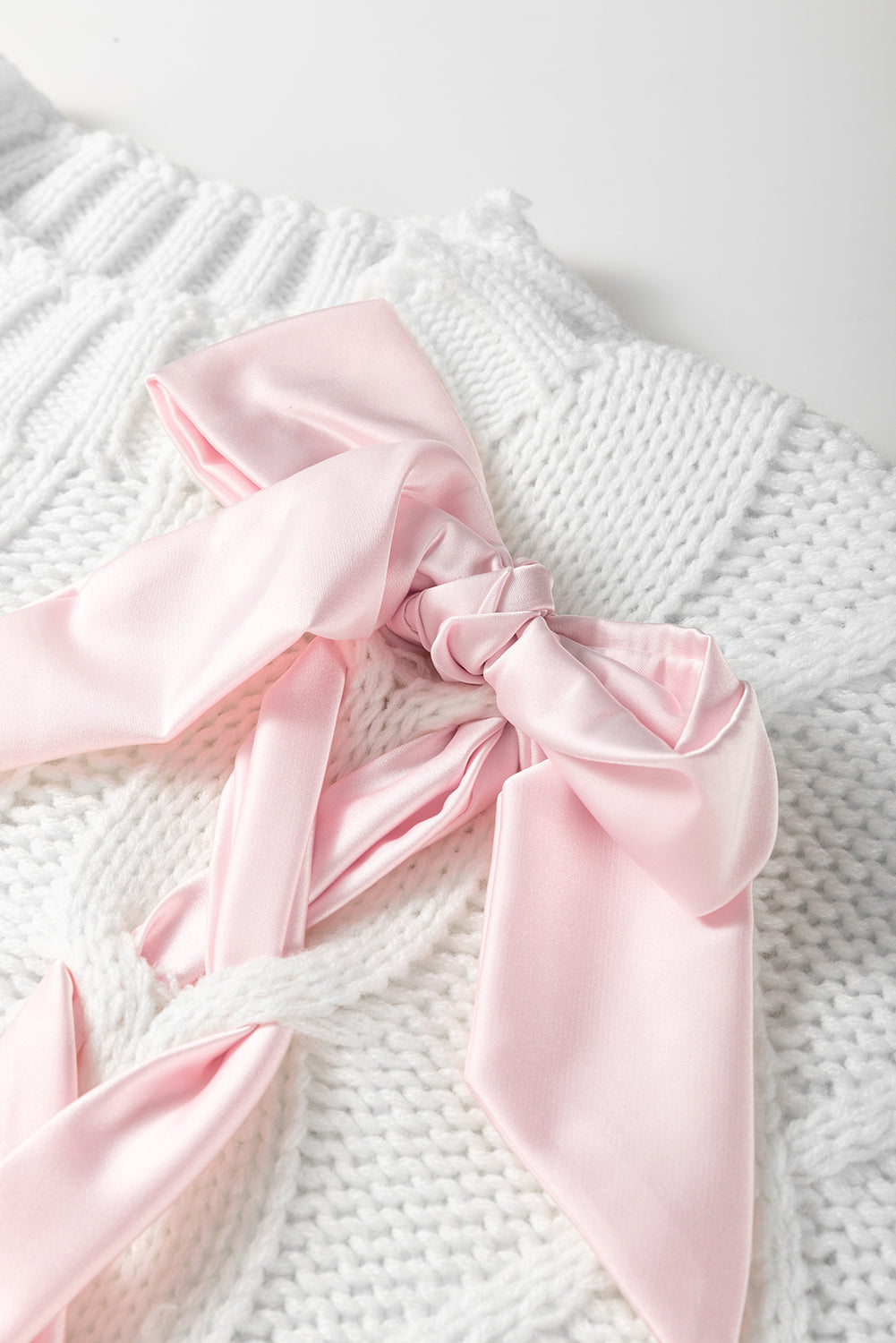 Cable Knit Colorblock Satin Bowknot Short Sleeve Sweater