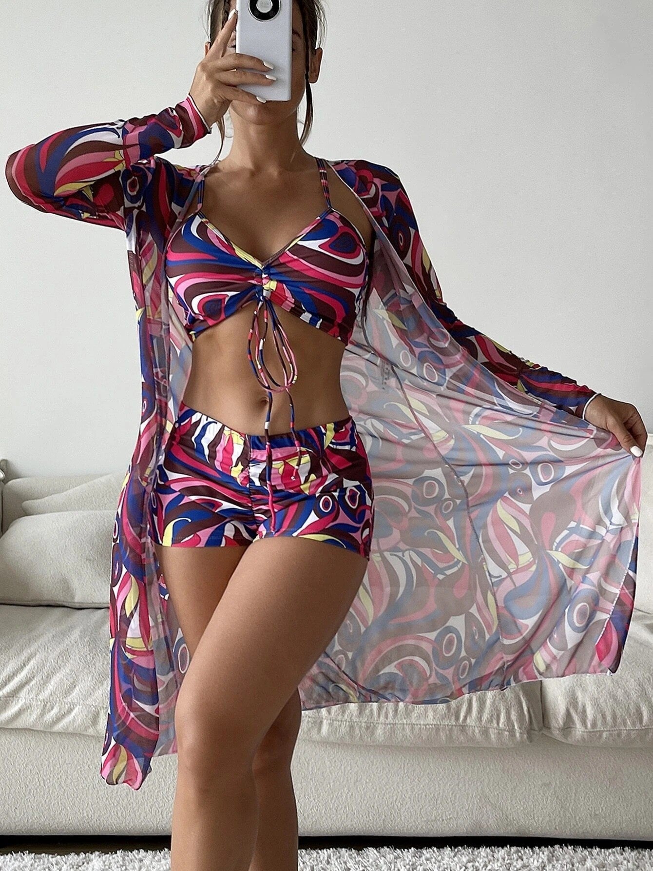3pcs Bikini With Long Sleeve Coverup