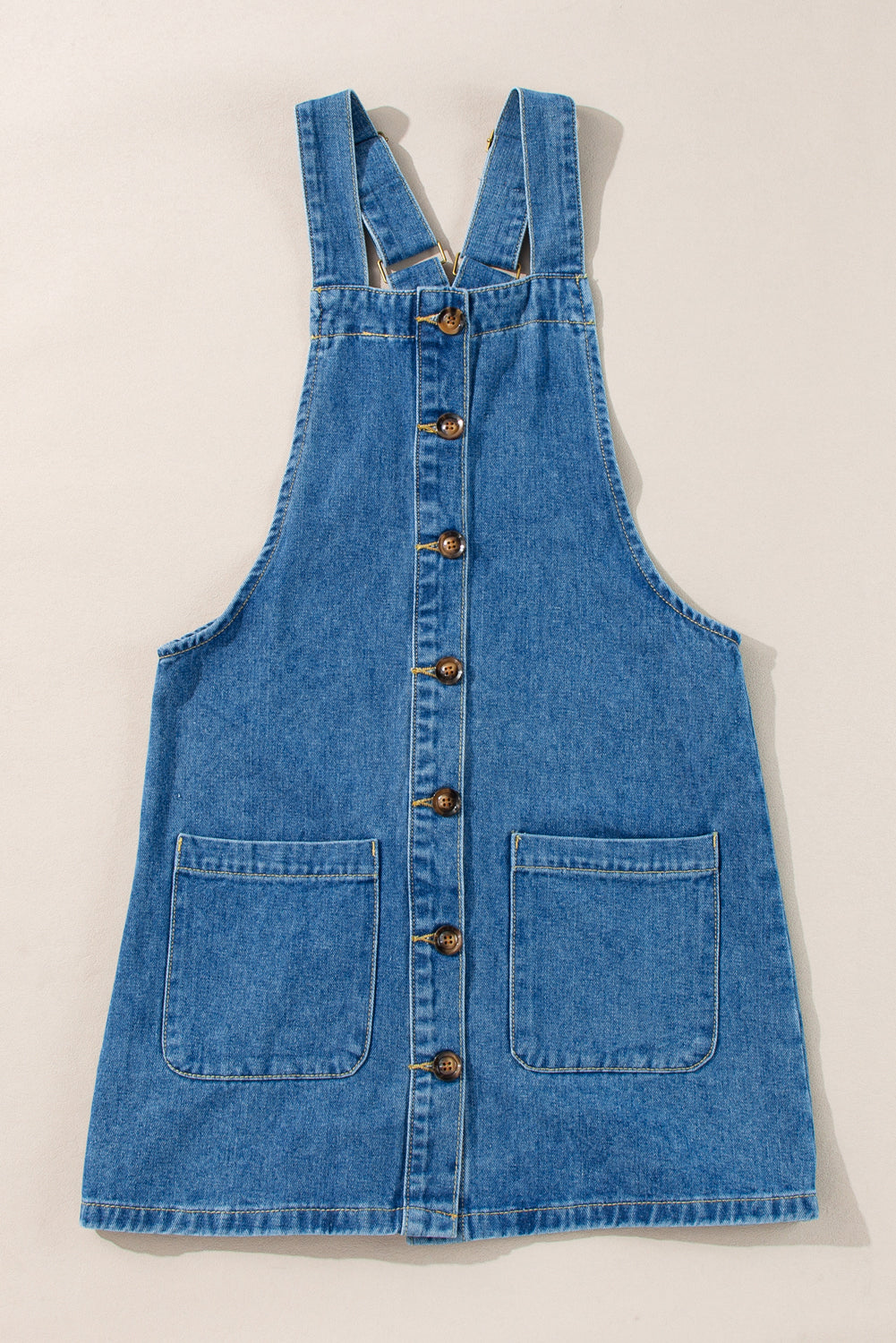 Beau Blue Wide Strap Button Front Pocketed Denim Mini Dress
