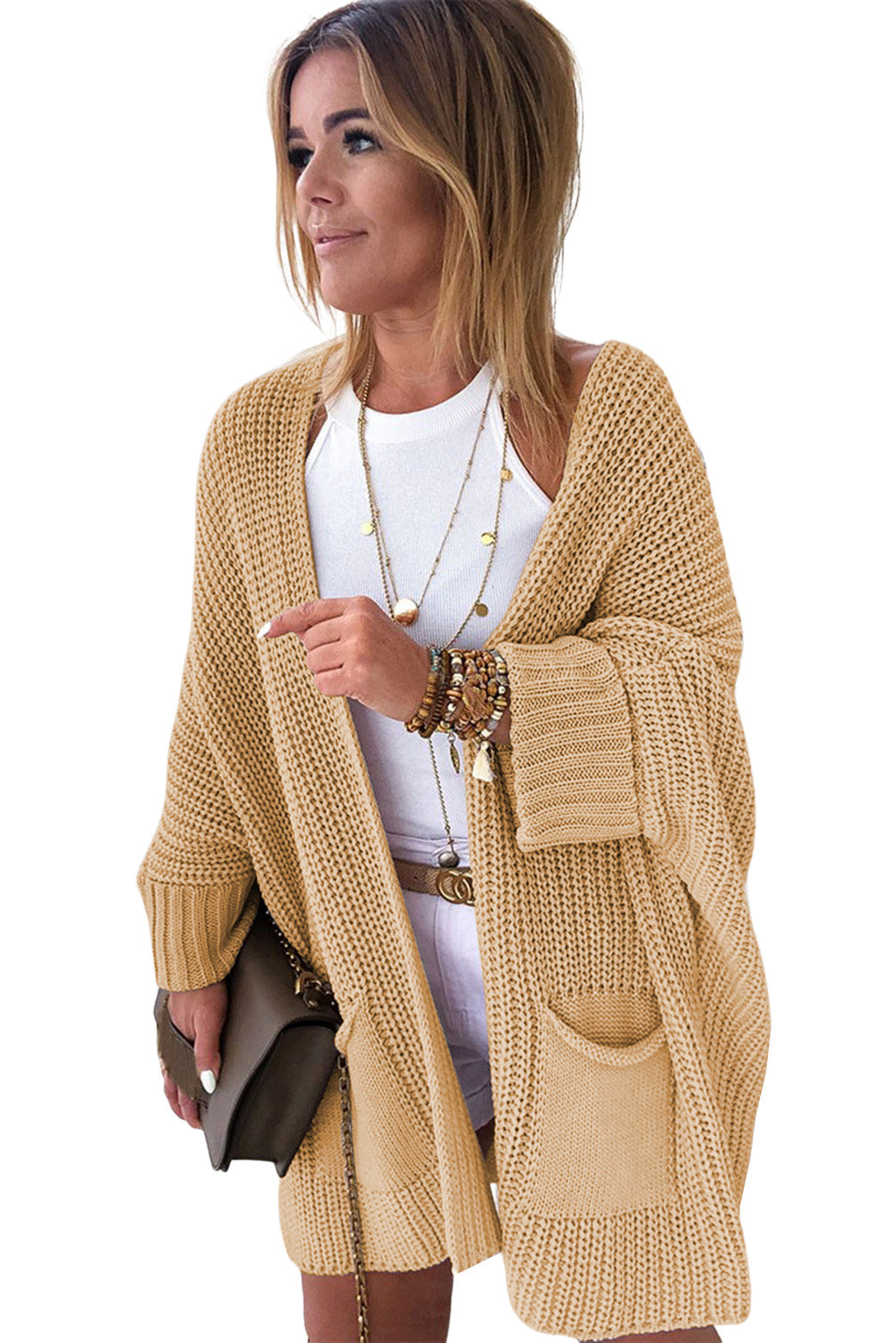Oversized Fold Over Sleeve Open Front Cardigan