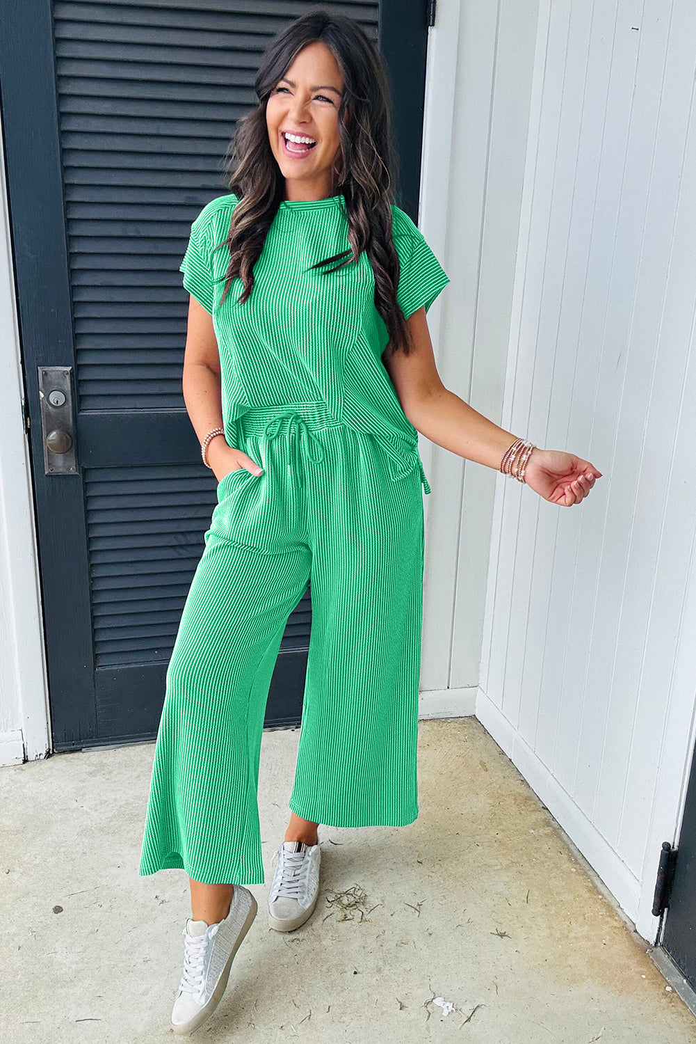 Solid Corded Knit Short Sleeve T Shirt and Wide Leg Pants Set