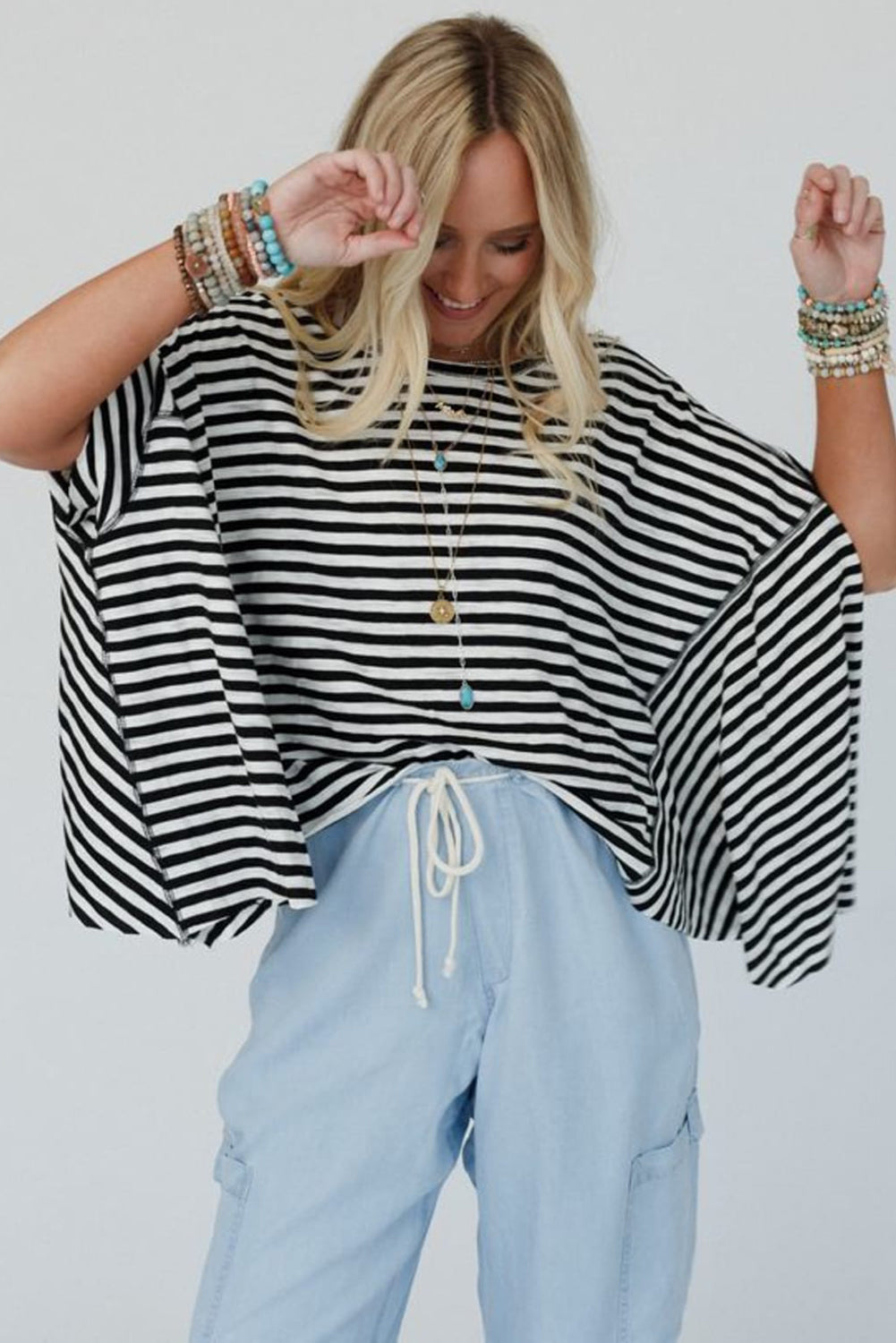 Stripe Batwing Sleeve Crewneck Oversized Top