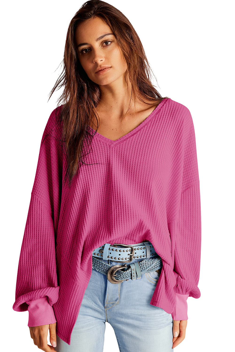 Blackish Green Waffle V Neck Long Sleeve Drop Shoulder Loose Blouse