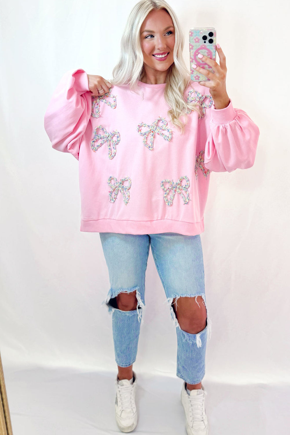 Parchment Embroidered Bow Lantern Sleeve Oversized Pullover Sweatshirt