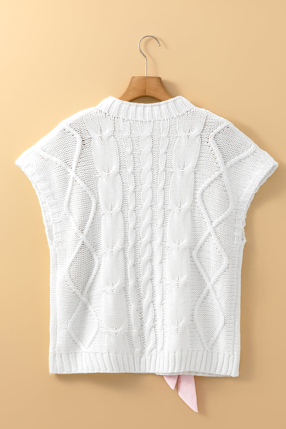 Cable Knit Colorblock Satin Bowknot Short Sleeve Sweater