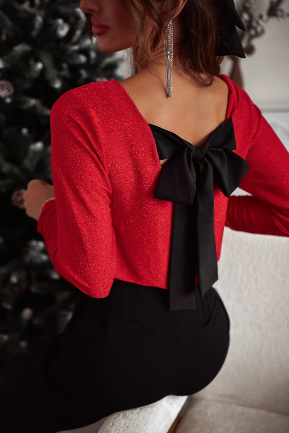 Metallic Bowknot Open Back V Neck Top