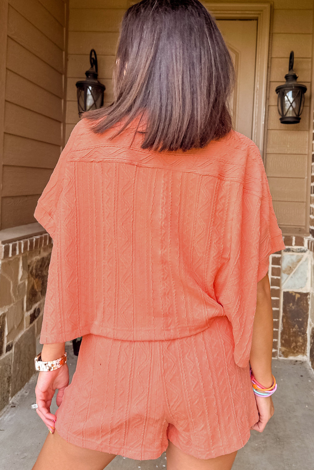Textured Patched Pocket Short Sleeve Top Drawstring Shorts Set