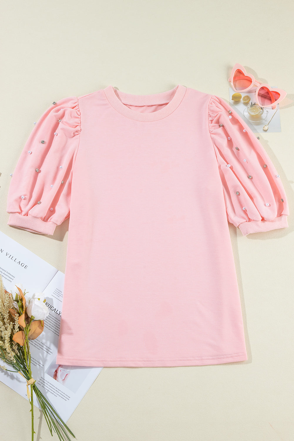Rhinestone Pearl Puff Half Sleeve Top