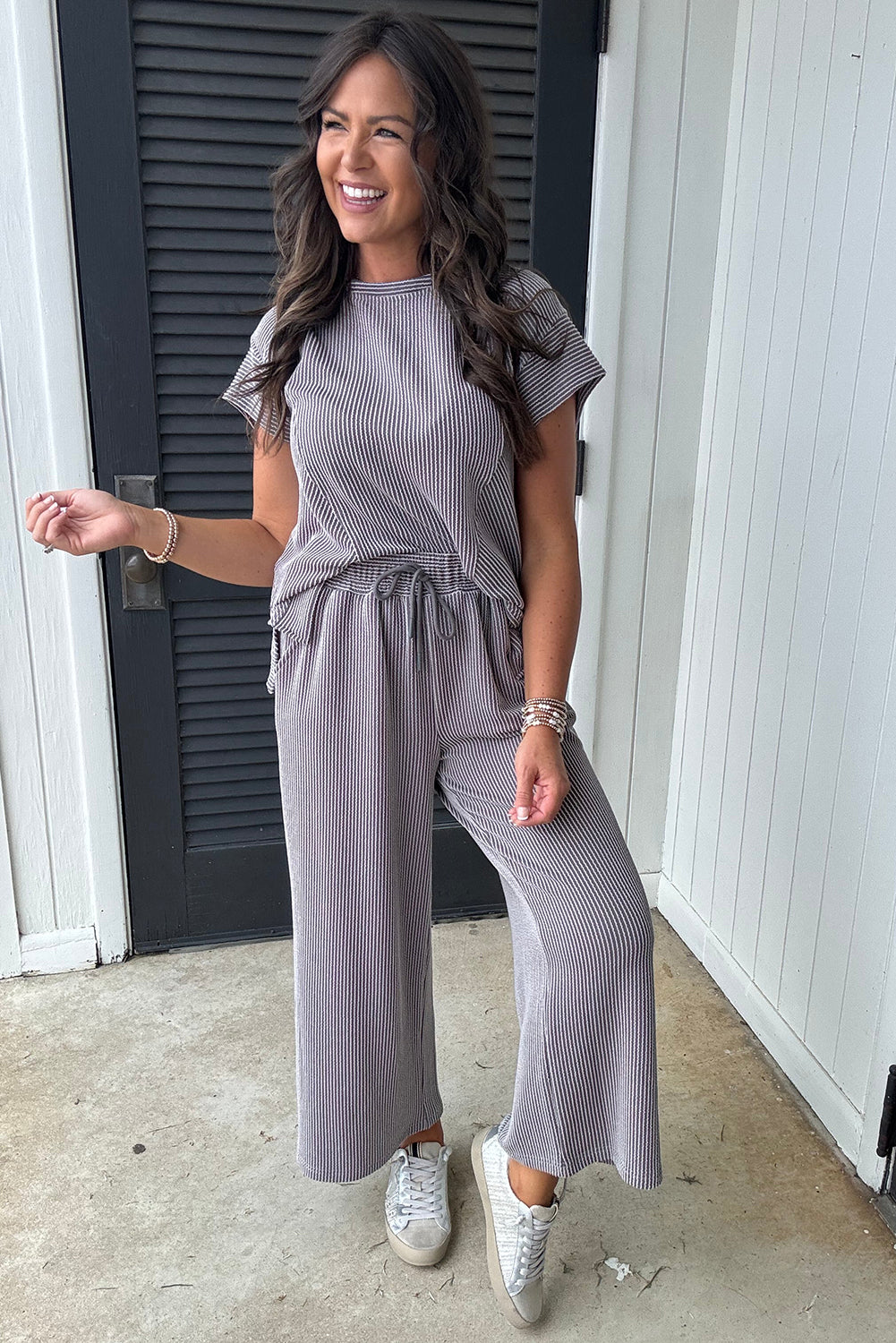 Solid Corded Knit Short Sleeve T Shirt and Wide Leg Pants Set