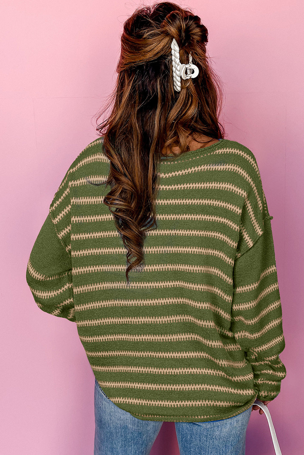 Khaki Stripe Drop Shoulder Casual Sweater