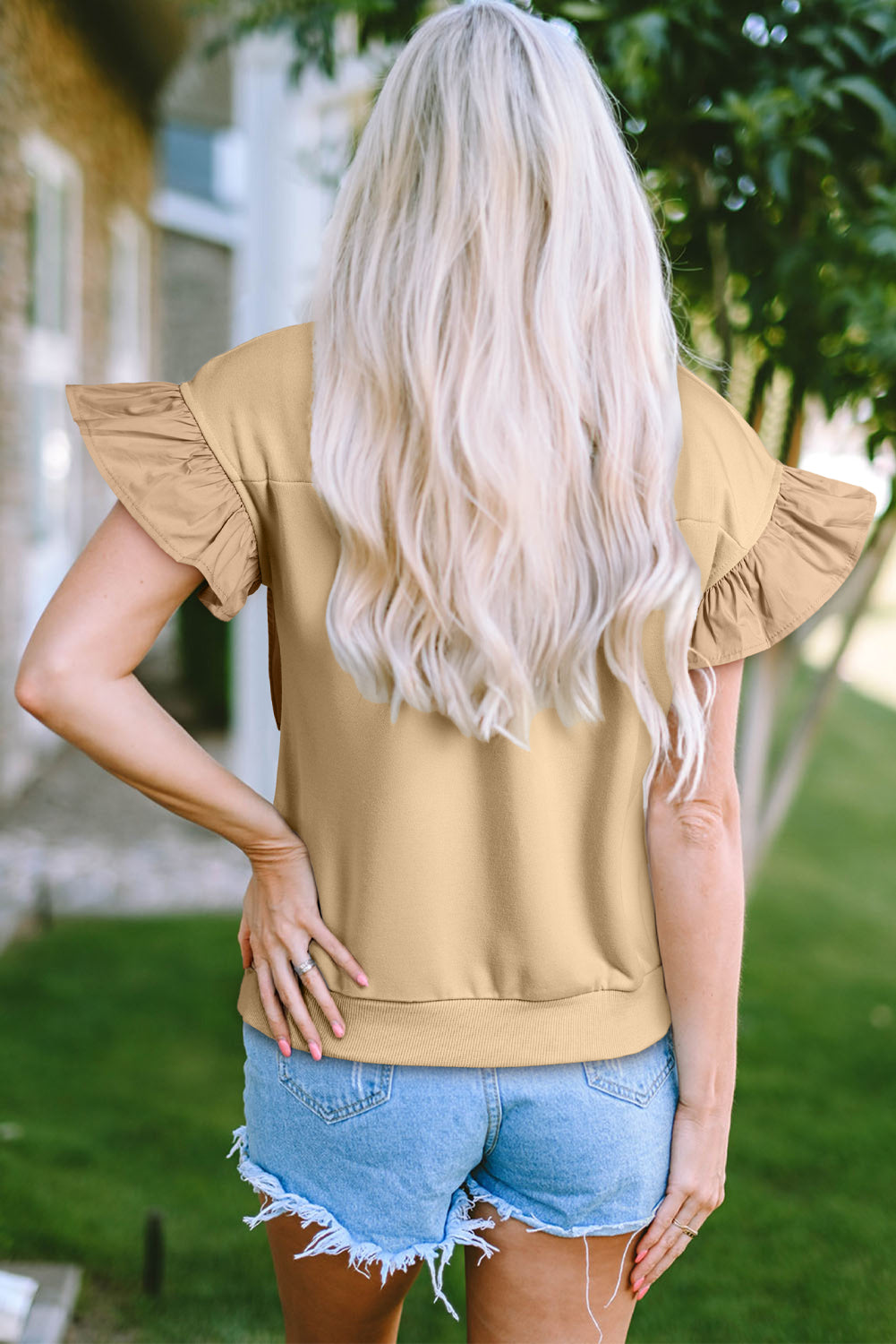 Parchment Ribbon Bow Ruffle Sleeve Top