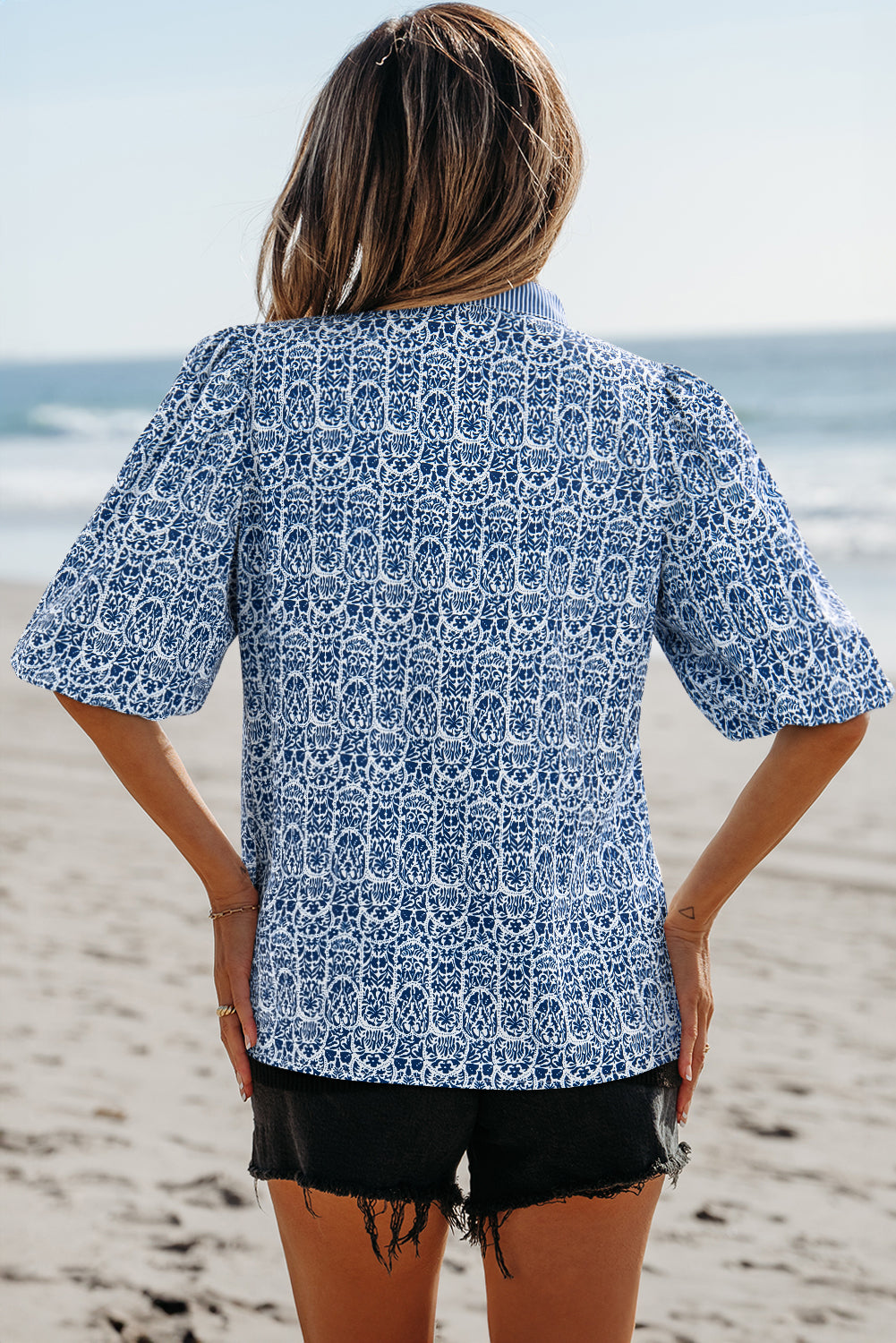 Blue Floral Striped Print Contrast Puff Sleeve Top