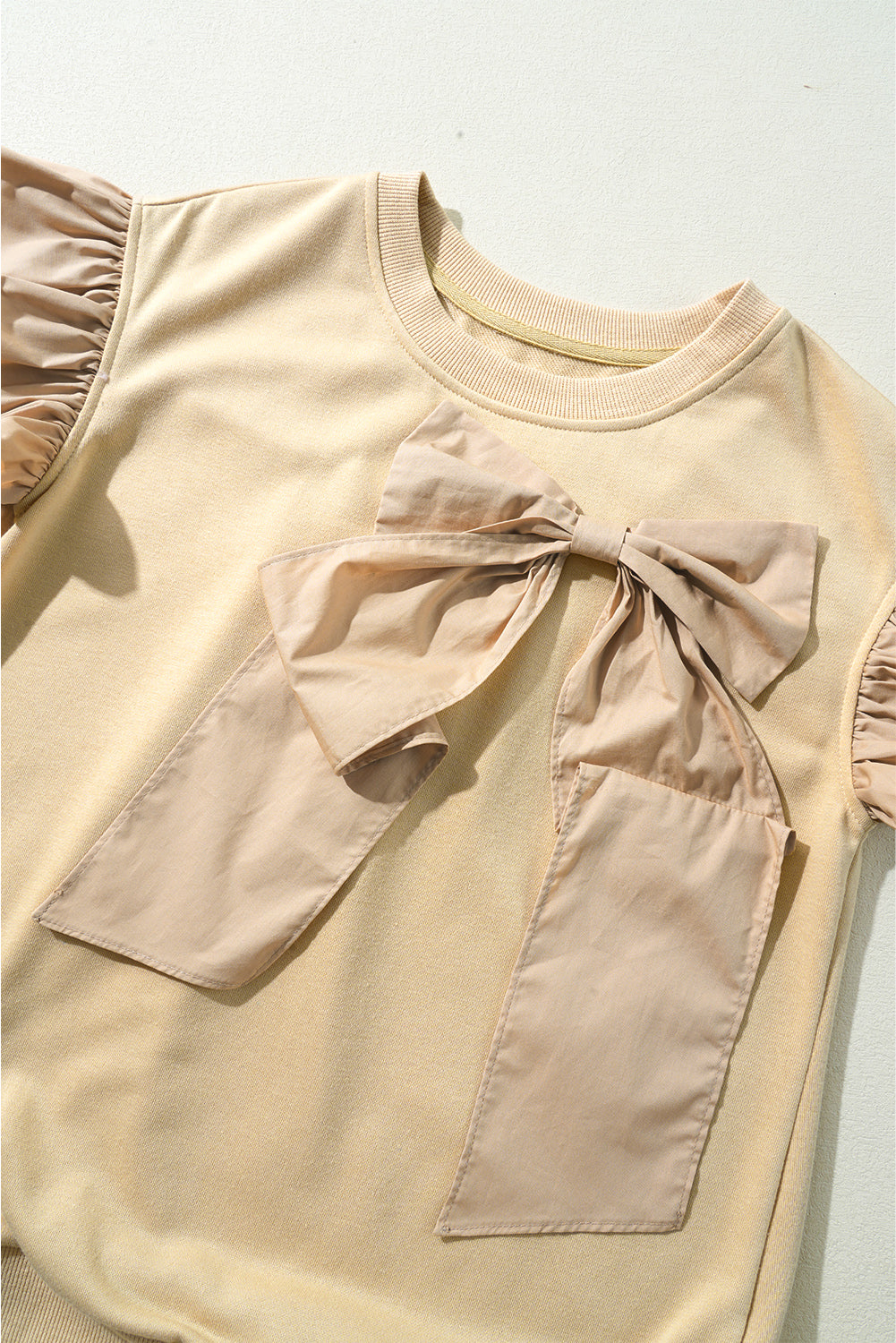 Parchment Ribbon Bow Ruffle Sleeve Top