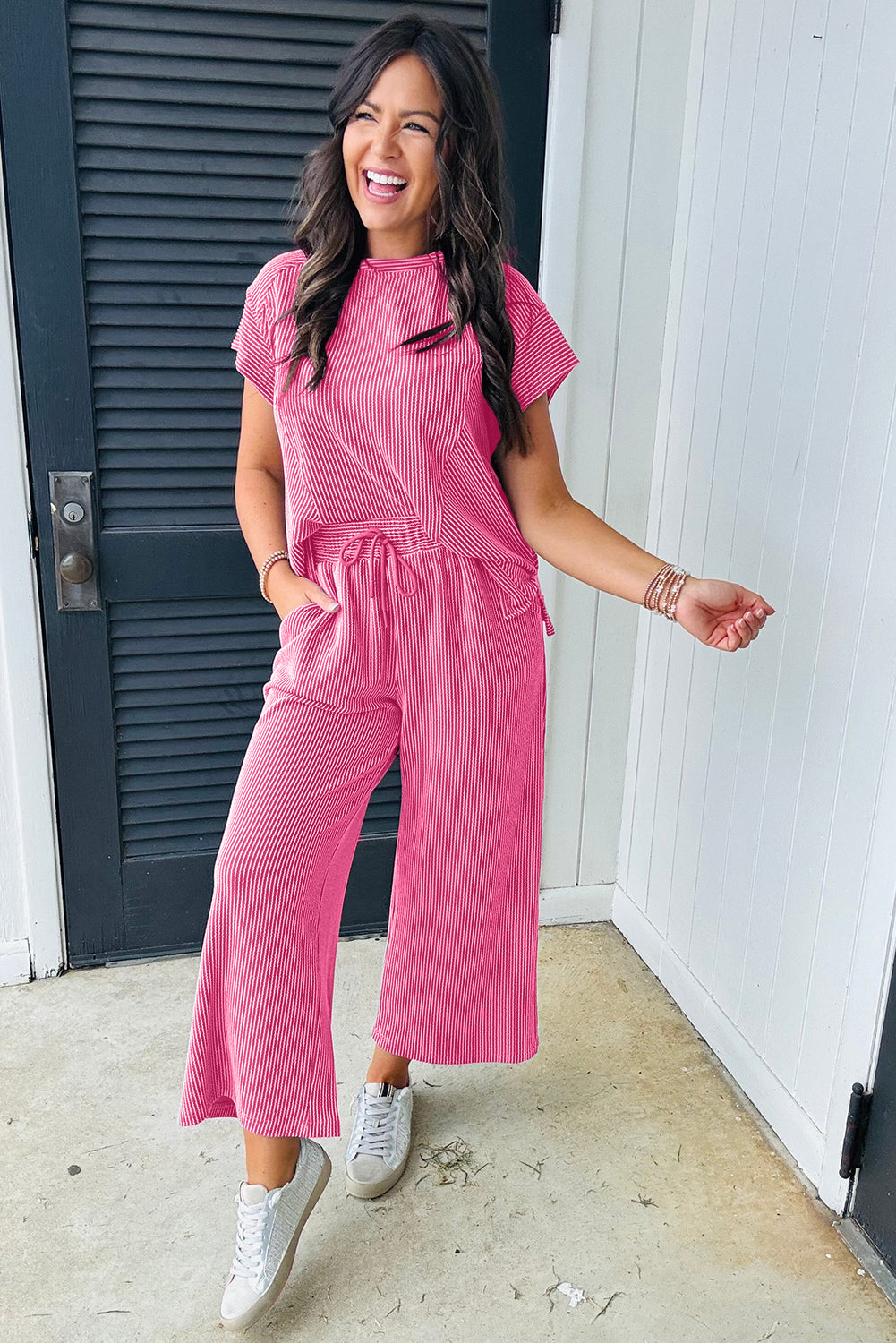 Solid Corded Knit Short Sleeve T Shirt and Wide Leg Pants Set