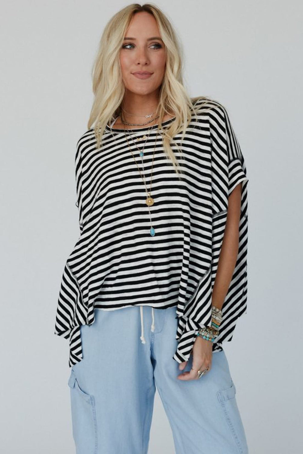 Stripe Batwing Sleeve Crewneck Oversized Top
