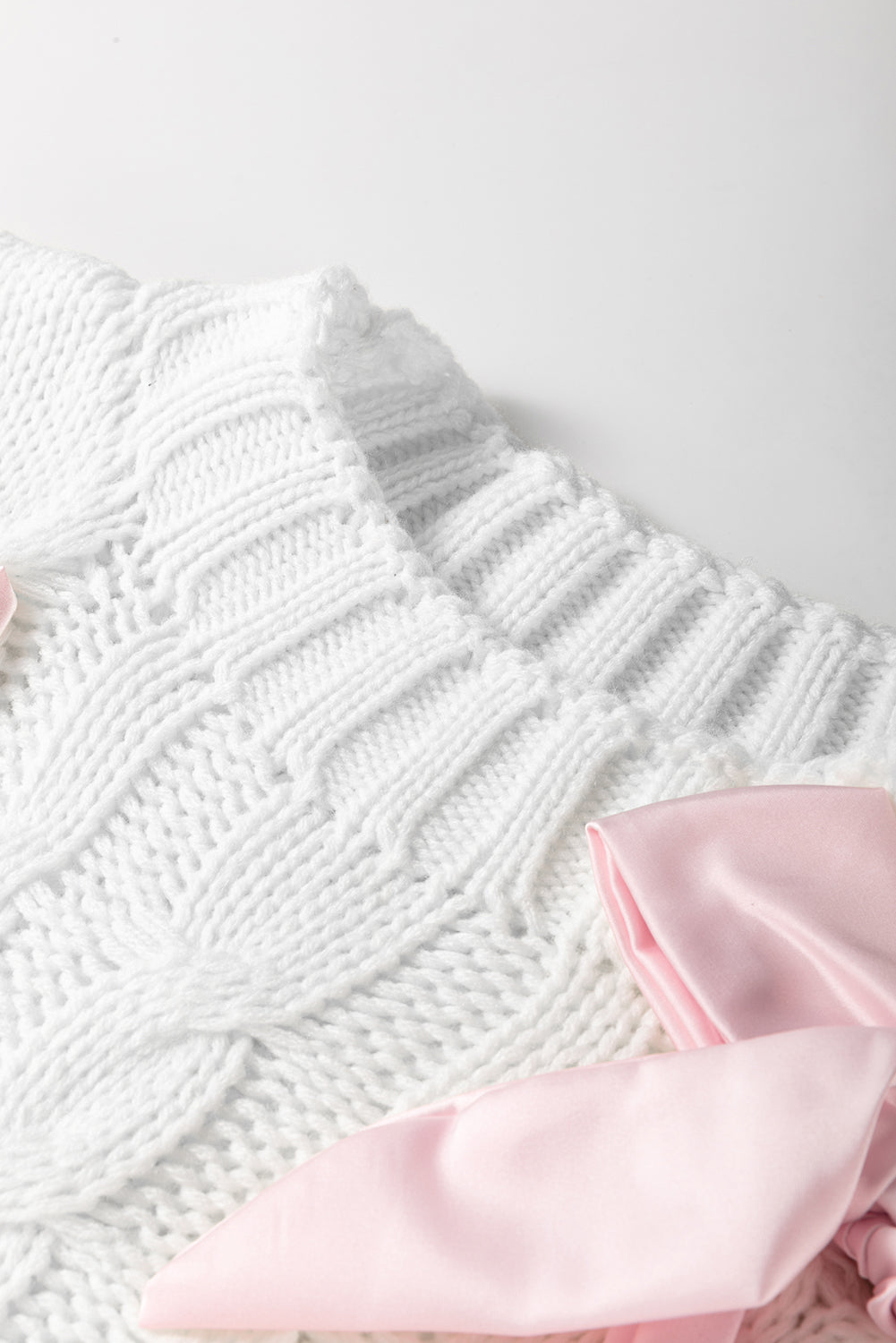 Cable Knit Colorblock Satin Bowknot Short Sleeve Sweater