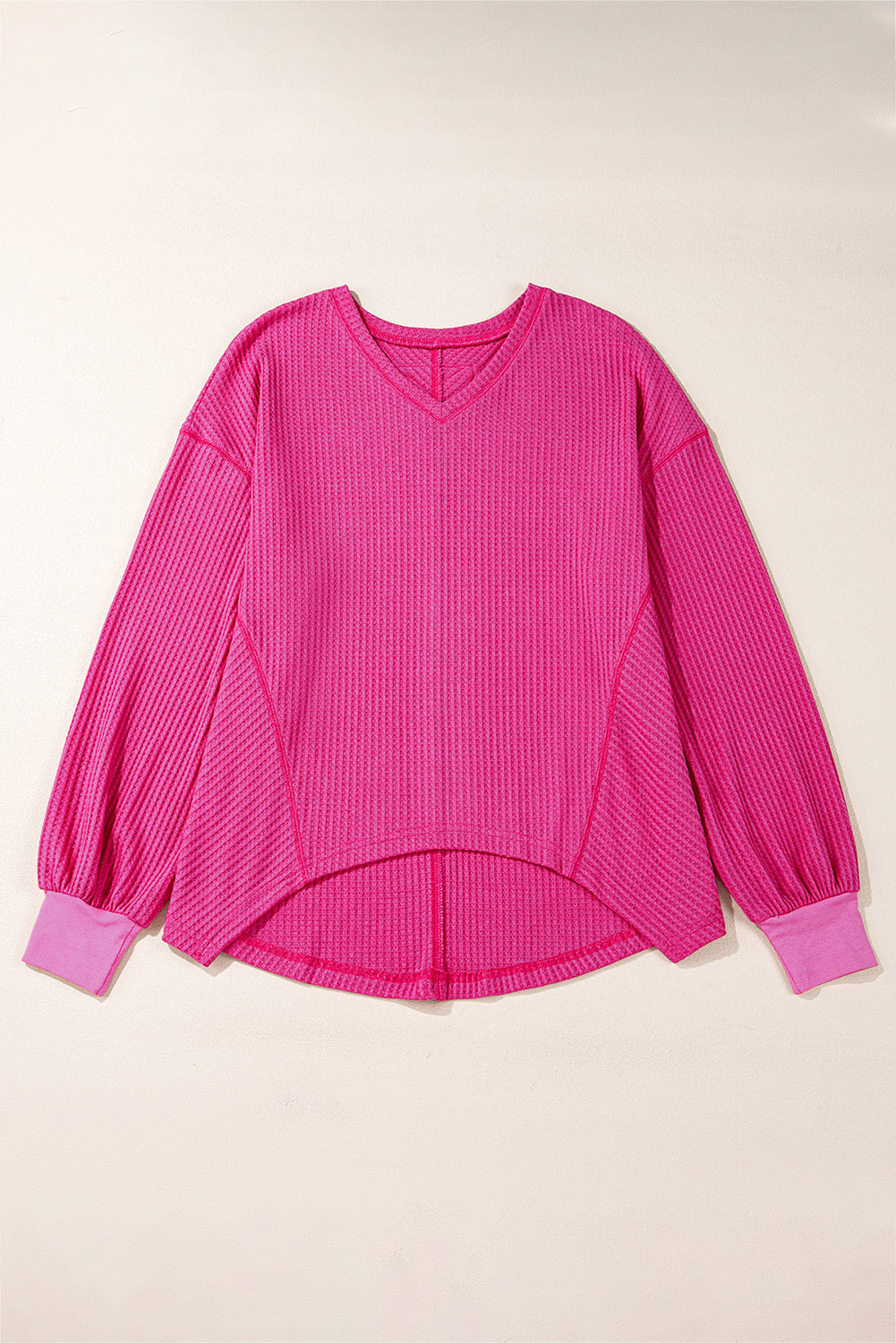 Blackish Green Waffle V Neck Long Sleeve Drop Shoulder Loose Blouse