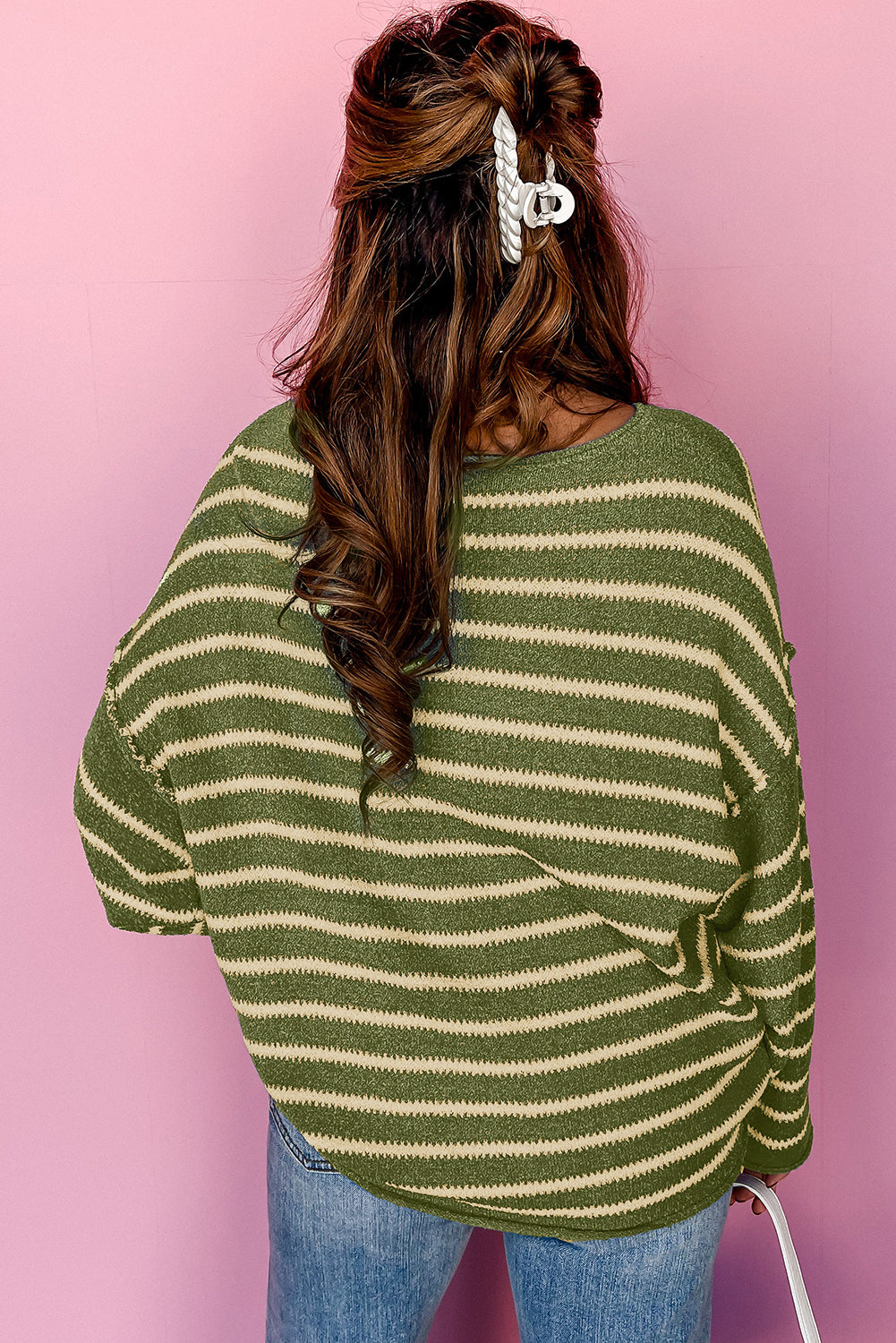 Khaki Stripe Drop Shoulder Casual Sweater