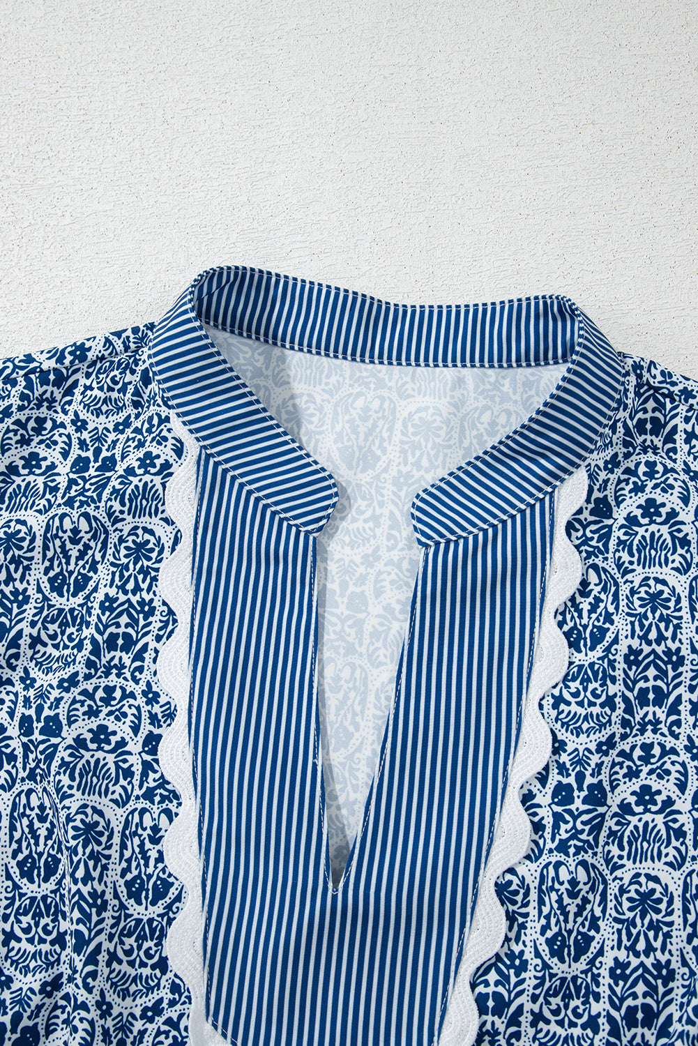 Blue Floral Striped Print Contrast Puff Sleeve Top